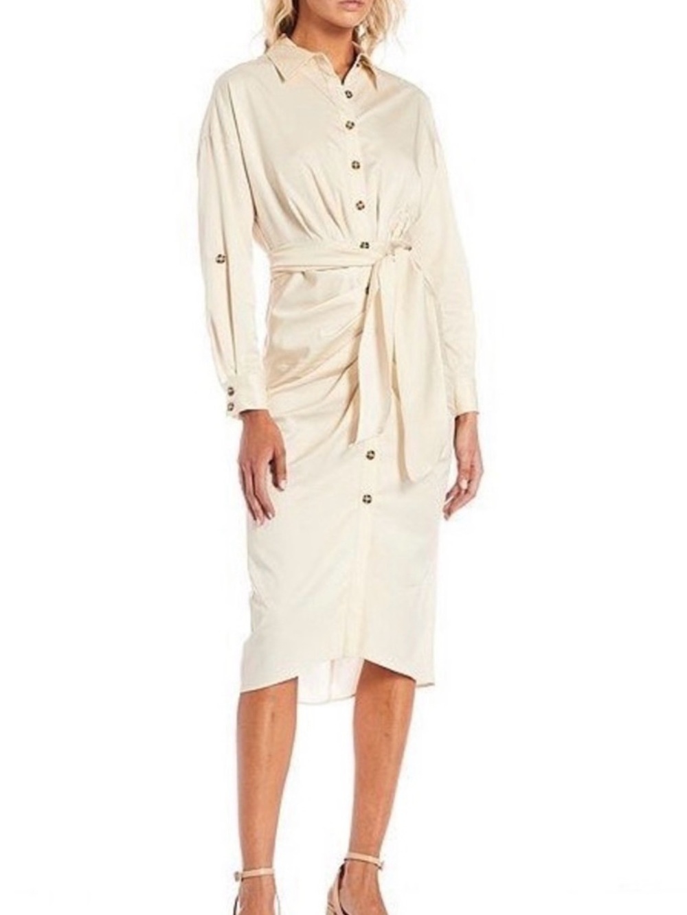 Antonio Melani Beige Ruched Button Down Belted Roxanne MIDI Dress Size 4 Small